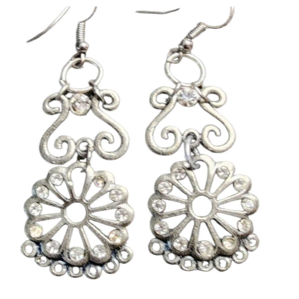 Vintage Silver Filigree Earrings with Rhinestones